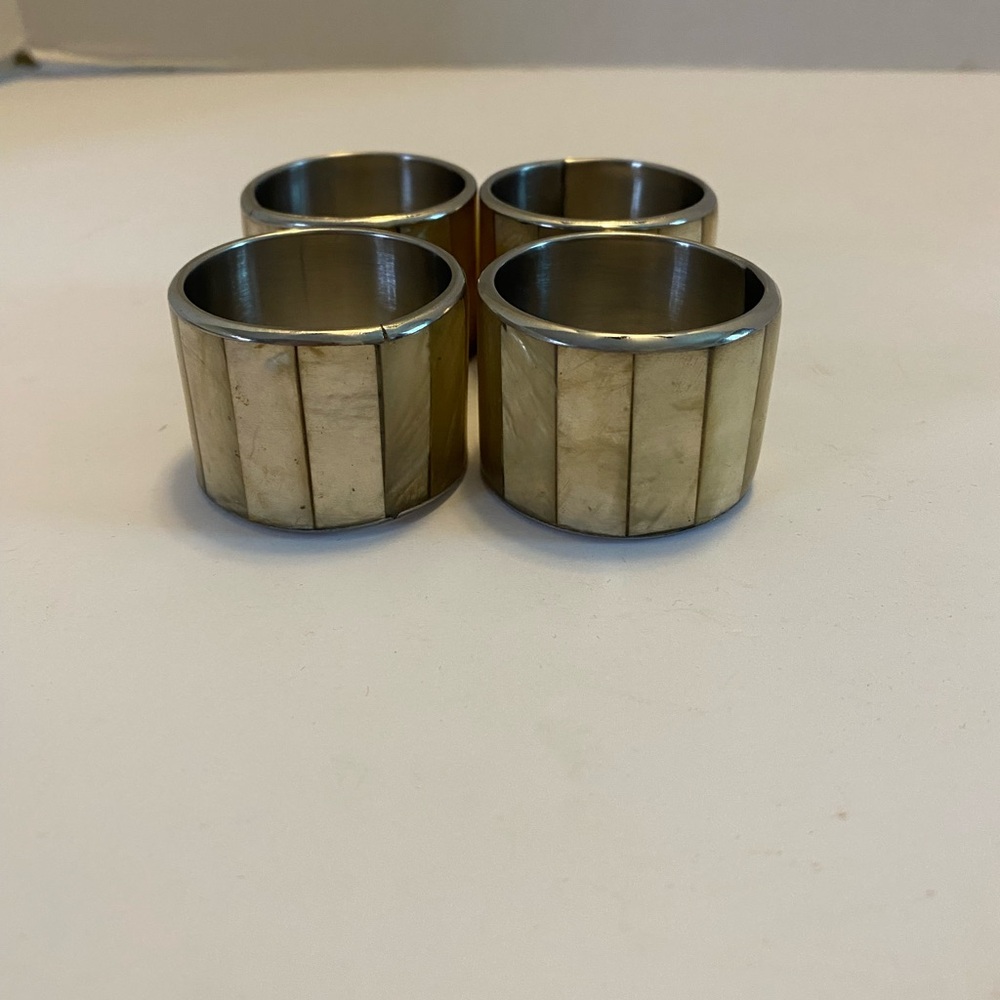 Vtg White Iridescent Inlay Capiz Shell MCM Metal Napkin Rings Beach Tiki  Set 4
